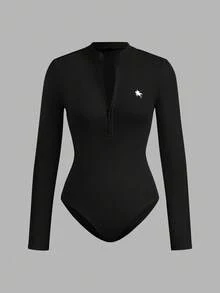 SHEIN EZwear 2 件女式小马印花拉链高领紧身衣套装，休闲长袖，秋冬 - 彩色 - 查看 3