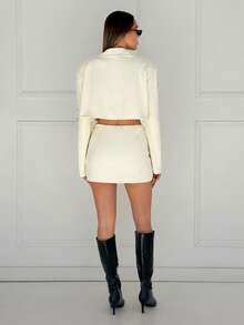 SHEIN EZwear Conjunto elegante de blazer de manga larga y falda lápiz mini con decoración de cuentas tejida de unicolor para mujer, ropa de otoño e invierno