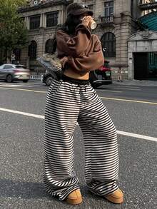 Coolane Quần ống rộng cạp rút túi kẻ sọc thường ngày cho nữ - màu đen - Xem 5