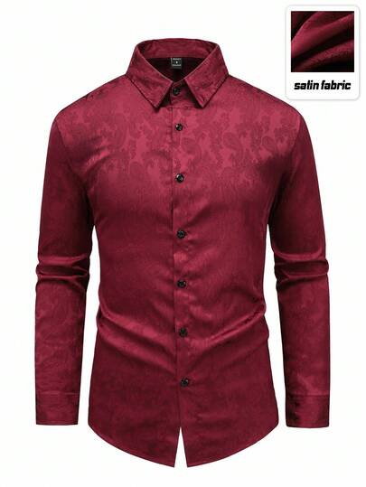 Manfinity AFTRDRK Men Long Sleeve Front Button Fashionable Versatile Casual Jacquard Retro Shirt, Red Paisley Burgundy Dress Shirt, Fall