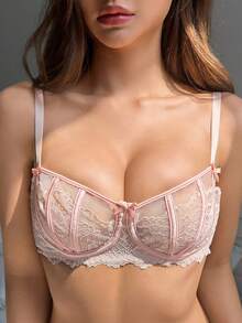 DAZY Lace Patchwork Semi-Sheer Bow Decor Women's Bra Lingerie For Women - Pink - View 7