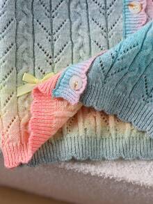 SHEIN Playful Pals 女童随机渐变镂空扭结缎带蝴蝶结纽扣针织开衫，柔软舒适，适合日常、户外、旅行、度假、居家、托儿所、女童玩耍穿着，秋冬季圣诞节万圣节毛衣 - 彩色 - 查看 7