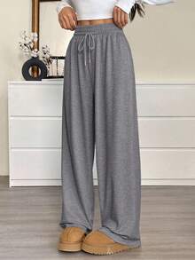 SHEIN EZwear Quần nỉ dài tay dáng rộng màu xám có dây rút eo cỡ lớn dành cho nữ - Xám - Xem 1