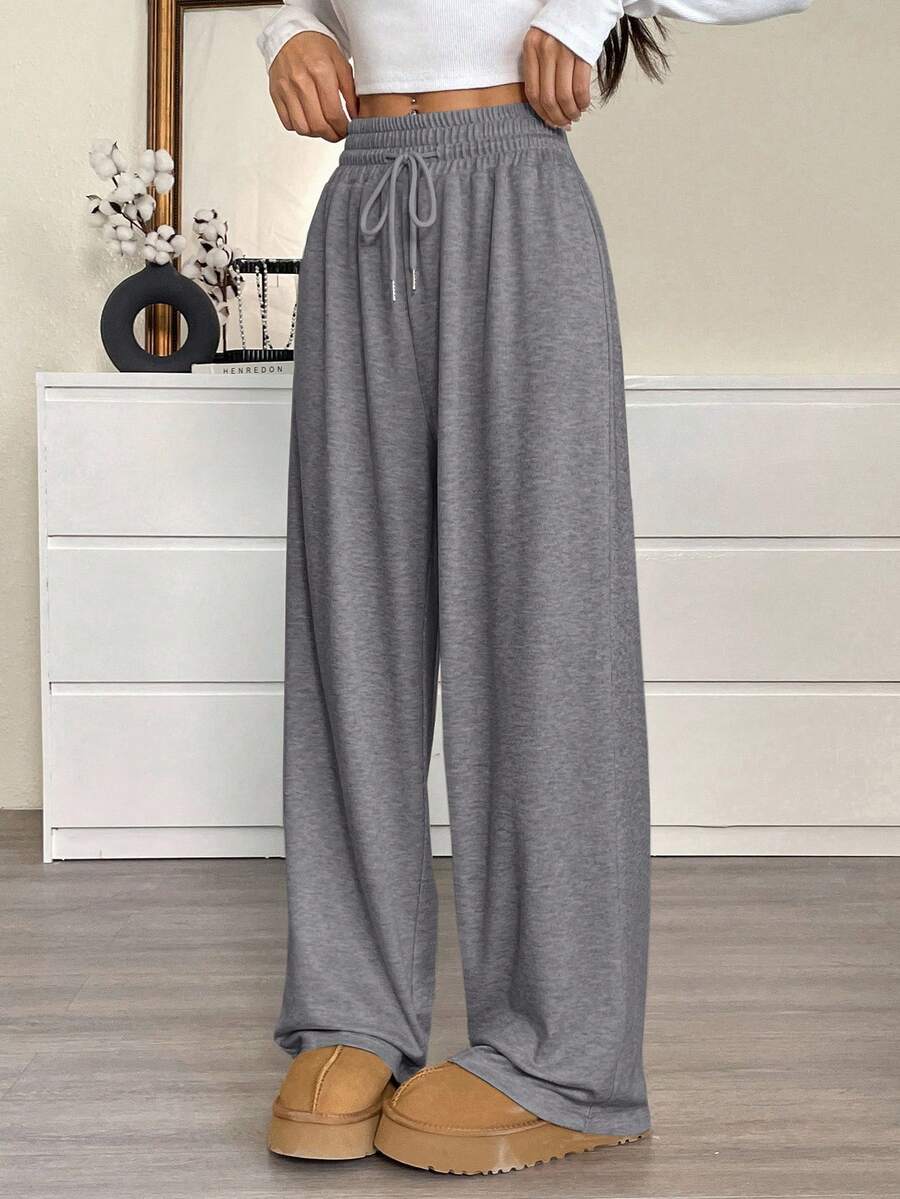 SHEIN EZwear Quần nỉ dài tay dáng rộng màu xám có dây rút eo cỡ lớn dành cho nữ - Xám - Xem 1