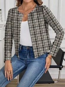 SHEIN Clasi Women's Casual Minimalist Jacket, Suitable For Autumn/Winter, Faux Tweed