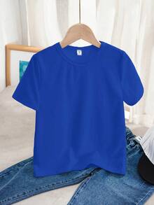 SHEIN Young Boys Casual Minimalist Round Neck T-Shirt, Suitable For Summer - Royal Blue - View 4