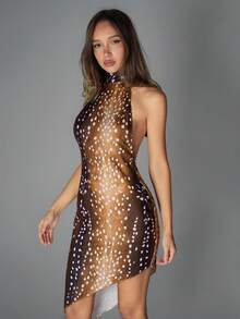 SHEIN ICON 女式鹿图案印花高领露背系带腰部不对称下摆中长连衣裙 - 彩色 - 查看 5