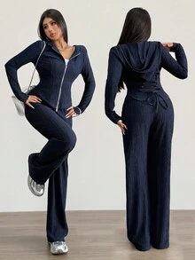 Modelyn 女士针织海军蓝纹理面料长袖连帽开衫和宽松长裤两件套服装，适合秋冬季外出约会的休闲装 - 藏蓝色 - 查看 1