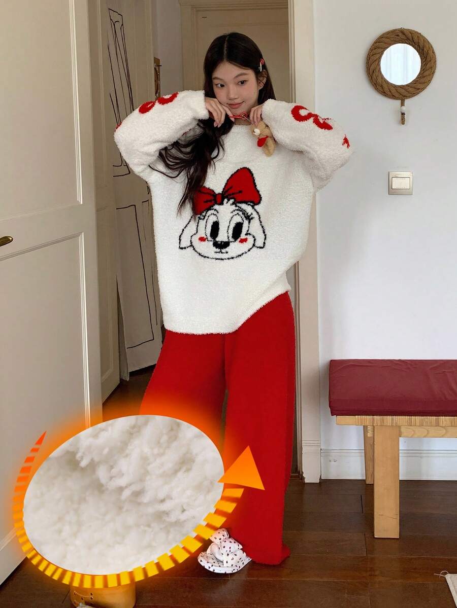 DAZY 2件套女士蝴蝶结小狗图案针织宽松长袖上衣和裤子睡衣套装,秋冬季保暖内衬服装 - 紅色 - 查看 1