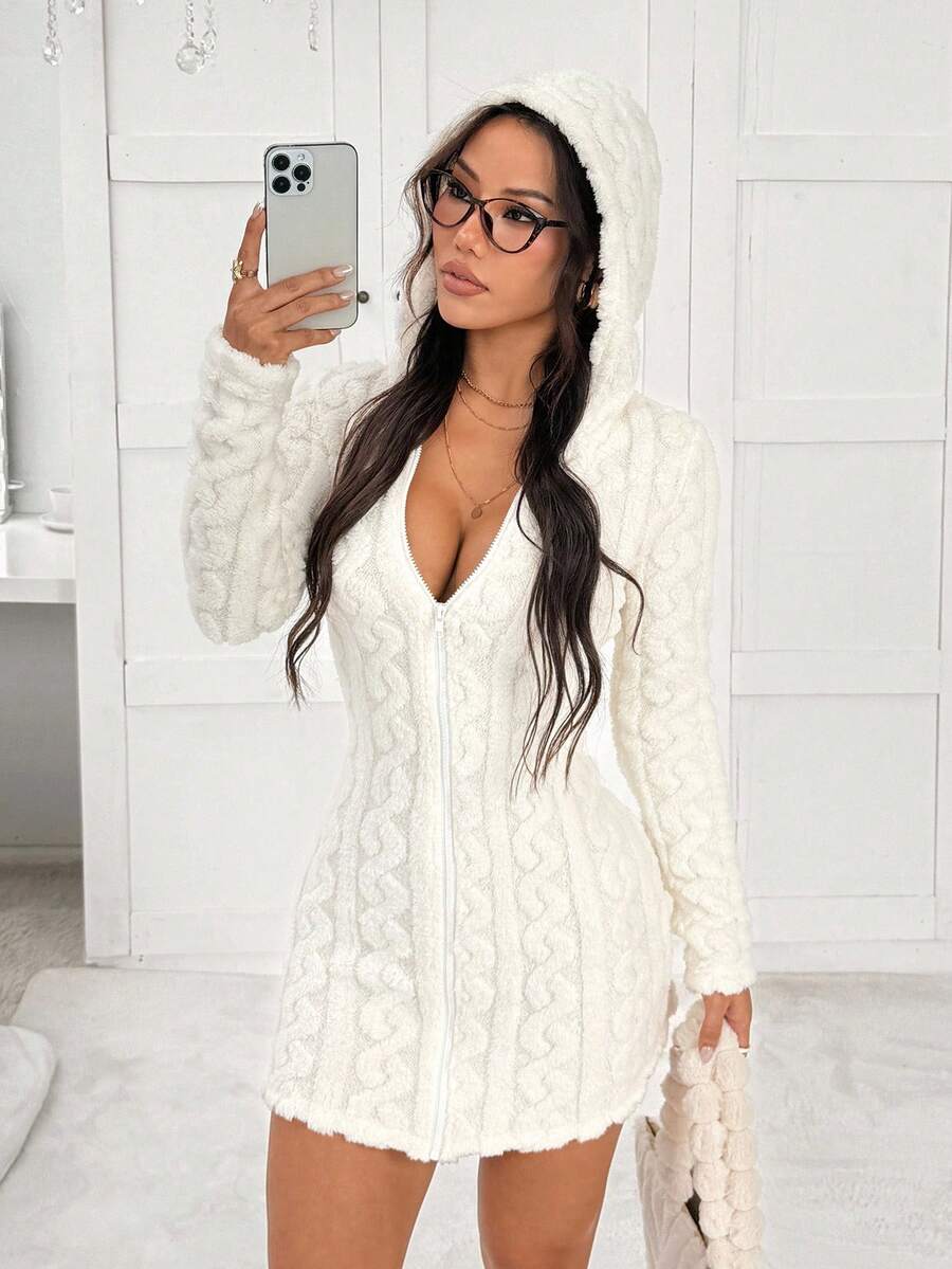 SHEIN EZwear 女士休闲前拉链连帽长款开衫，适合秋冬季 - 白色 - 查看 1