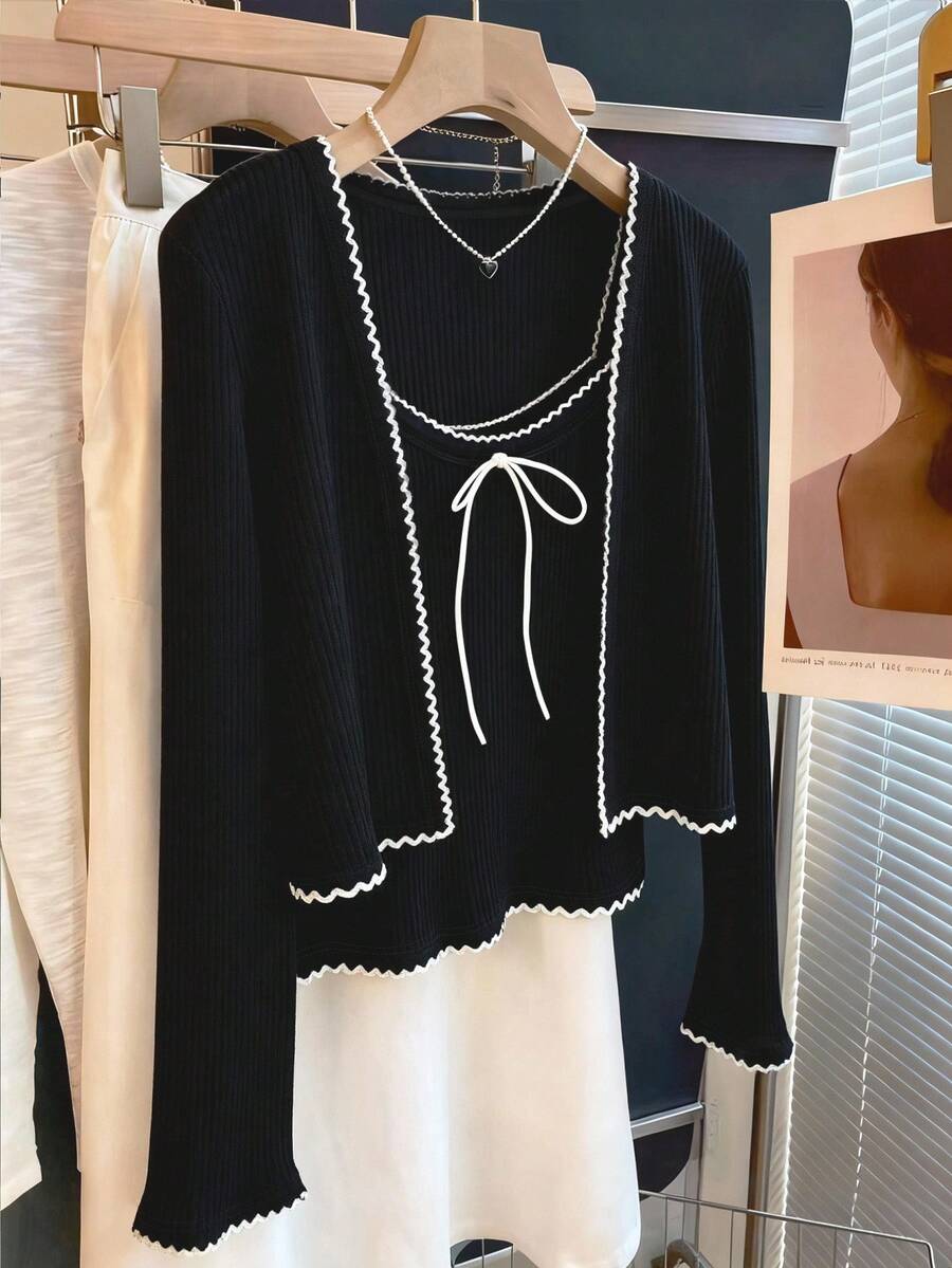 INAWLY Bộ 2 món áo hai dây và áo khoác cardigan thời trang nữ thanh lịch, giản dị, lãng mạn - màu đen - Xem 1