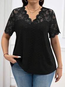 Reflora Camiseta de manga corta de tallas grandes, de color liso con parches de encaje - Negro - Ver 7