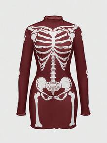 ROMWE Gothic Skeleton Flocked Sexy Sheer Mini Dress For Women