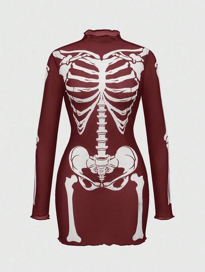 Gothic Skeleton Flocked Sexy Sheer Mini Dress For Women