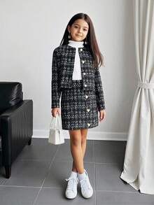 Tween Girl Urban Chic 长袖夹克、高领 T 恤和迷你裙套装 - 黑色 - 查看 4