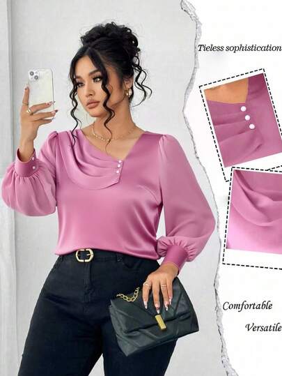 Elenzga Christmas Plus Size Satin & Chiffon Patchwork Asymmetrical Ruffled Collar Button Decor Long Sleeve Elegant Blouse, Suitable For Outings, Commuting, Gatherings, And Dates