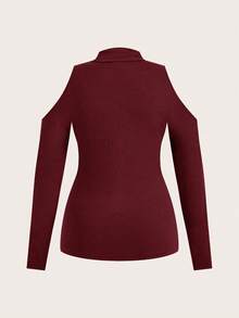 EMERY ROSE Casual Plus Size Women's Fashionable Solid Color Off-Shoulder Long Sleeve High Neck T-Shirt Christmas - Burgundy - View 3