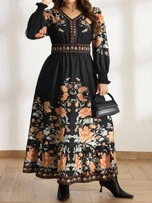 Comfylo Große Größen, Damenkleid mit Blumenmuster, gerafften Rüschenärmeln und taillierter Taille, ideal für Urlaub, Frühling/Herbst, Weihnachten, Winter und andere Anlässe. Auch als Weihnachts- oder Silvesterkleid geeignet.
