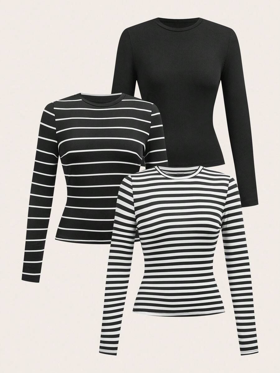 SHEIN EZwear Bộ 3 áo thun dài tay cổ tròn bó sát thường ngày cho nữ - Nhiều màu - Xem 1