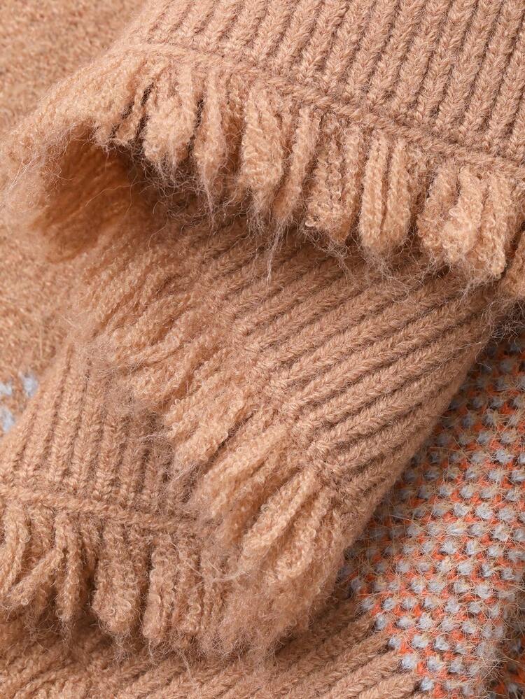 Color Block Jacquard Leopard Print Loose V-Neck Fringe Trim Long Sleeve Casual Street Style Knit Cardigan For Women, Autumn/Winter