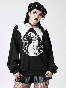 ROMWE Goth 女式撞色蝙蝠领猫咪印花运动衫 - 黑色 - 查看 1