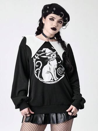 Goth Sudadera con cuello de murciélago y estampado de gato de color contrastante para mujer