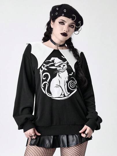 Goth Sweat-shirt femme col chauve-souris bicolore avec imprimé chat
