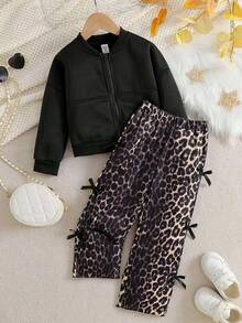 2pcs/Set Young Girls Fashion Black Zipper Jacket Paired With Side Bow Leopard Print Wide Leg Pants, Autumn/Winter - Black - View 2