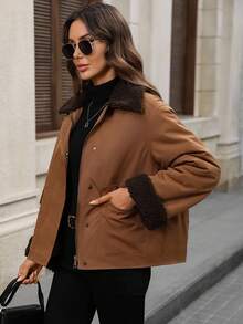 EMERY ROSE Women's Casual Zip-Up Thermal Lined Jacket With Sherpa Collar, Autumn/Winter Women's Winter Coat Brown Jacket - Brown - View 3