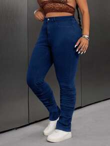 EURMUSE Plus Size Casual Commuter Washed Slim Fit Jeans - Royal Blue - View 5