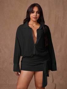 Rustia Plus Size Women's French Chic Collared Half-Zip Fitted Flared Hem Long Sleeve Dress - Black - View 4