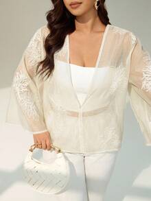 Auralis Plus Size Women Elegant Commuter Floral Embroidery Bell Sleeve Top