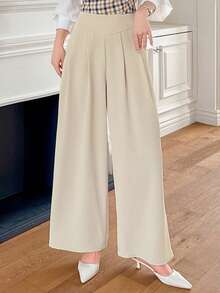 DAZY Solid Color Pleated Wide Leg Maxi Women's Dress Pants Business Attire - Apricot - View 6