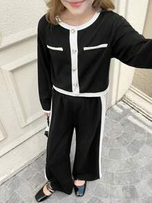 SHEIN 青少年女孩优雅的黑白对比装，适合儿童休闲装、返校装、典礼装、日常装、学校装、旅行装、秋冬装、派对装、婚礼装、圣诞节装、万圣节装、正式活动装、音乐会装