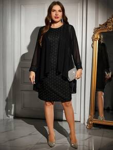 EMERY ROSE 大码女式不对称前开式夹克和波尔卡圆点印花无袖连衣裙优雅两件套 - 黑色 - 查看 4