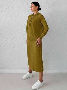 SHEIN Cottnline Women's Solid Color Hooded Drop Shoulder Sweater And Skirt Set With Drawstring - Khaki - View 4
