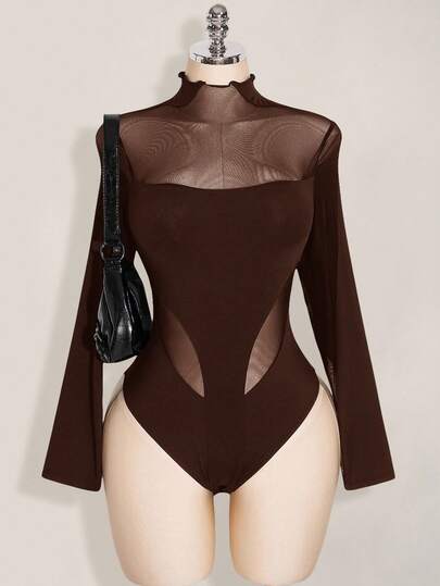 SHEIN ICON Plus Size Y2K Long Sleeve Mesh Patchwork Bodysuit, Sexy Mesh Bodysuit For Halloween, Halloween Costume, Autumn