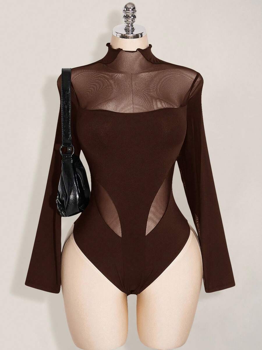 SHEIN ICON Plus Size Y2K Long Sleeve Mesh Patchwork Bodysuit, Sexy Mesh Bodysuit For Halloween, Halloween Costume, Autumn - Brown - View 1