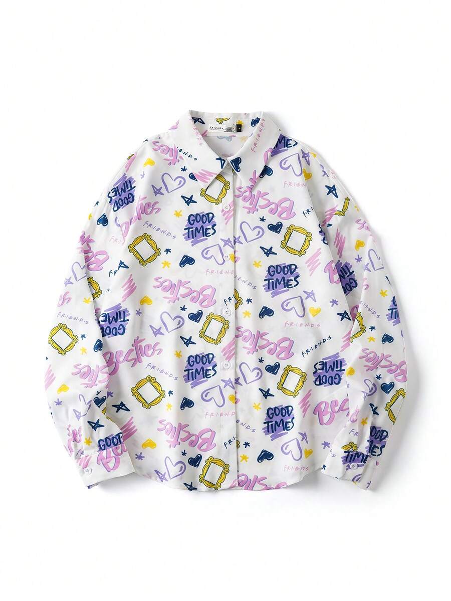 FRIENDS X SHEIN Women White Casual All-Over Print Button Front Shirt For Daily Wear, Winter Shirts Christmas Shirt 
Thanksgiving Shirt  Long Sleeve Shirt - White - View 1