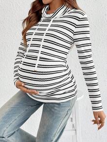 Fall,Maternity Autumn/Winter Striped Long Sleeve Drawstring Nursing T-Shirt - White - View 6