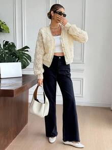 SHEIN Frenchy Cardigan élégant de couleur unie à fleurs 3D pour femmes, automne/hiver - Nude - View 4