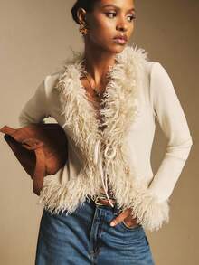SHEIN x Tata & Beatriz Poéselle 女士上衣，毛绒饰边，系带门襟，杏色上衣，长袖女士纯色长袖毛绒拼接前系带时尚衬衫流苏上衣羽毛上衣流苏外套西部风格女装秋季女装秋季女装冬季女装新年 - 杏色 - 查看 3