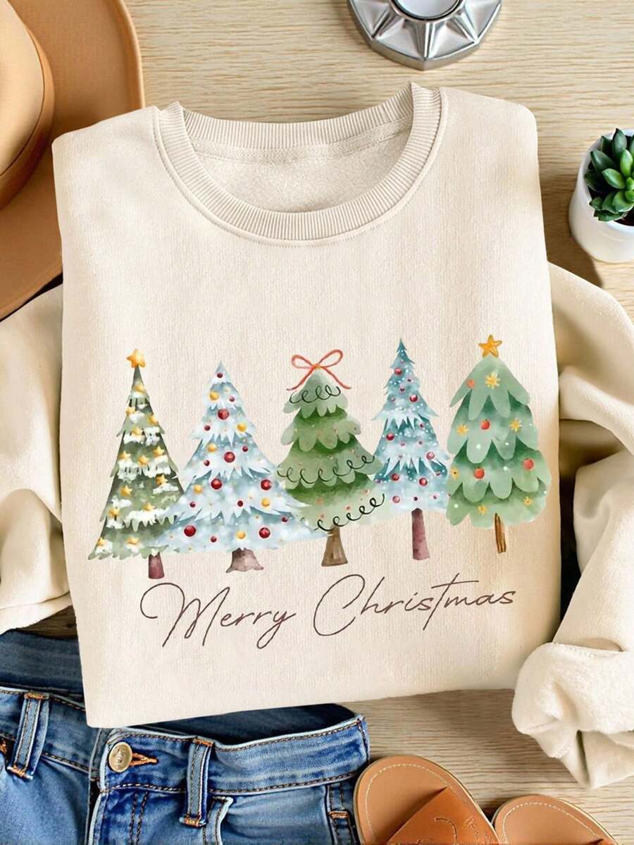 INAWLY 女士圣诞树印花圆领运动衫 - 杏色 - 查看 1