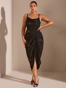 SHEIN BAE 大码女装秋冬时尚大码女装优雅约会派对黑色弹力针织舒适褶皱细节露肩垂坠裙不对称下摆开衩中长连衣裙、女装复活节连衣裙、毕业服装、女装性感俱乐部服装、女装春季服装、夏装、节日晚会服装、女装生日服装、婚礼服装、女装度假服装、音乐会、亮片连衣裙 - 黑色 - 查看 9