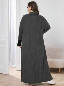 Lacomfia Đầm Maxi Dài Tay Cổ Cao Xòe Phối Màu Tương Phản Cho Nữ Size Lớn, Dáng Rộng, Mùa Thu, Thường Ngày, Áo Thun, Mặc Hàng Ngày - Xám - Xem 2