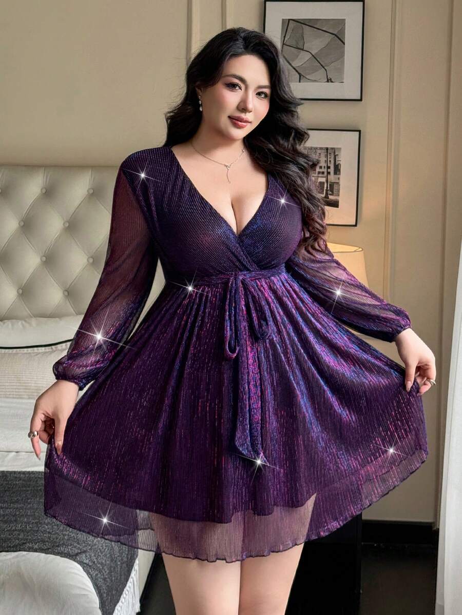 Vibekara 女式加大码金属光泽V领长袖百褶腰派对连衣裙 - 紫色 - 查看 1