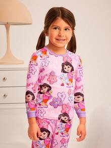 DORA | SHEIN 2pcs/Set Young Girl Cute Floral & Cartoon Figure Graphic Crew Neck Long Sleeve Top And Leggings Casual Pajama Set - Pink - View 5