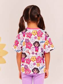 DORA | SHEIN Áo thun dệt kim tay ngắn cổ tròn vai trễ dễ thương in hình Dora và hoa cho bé gái - trắng - Xem 2