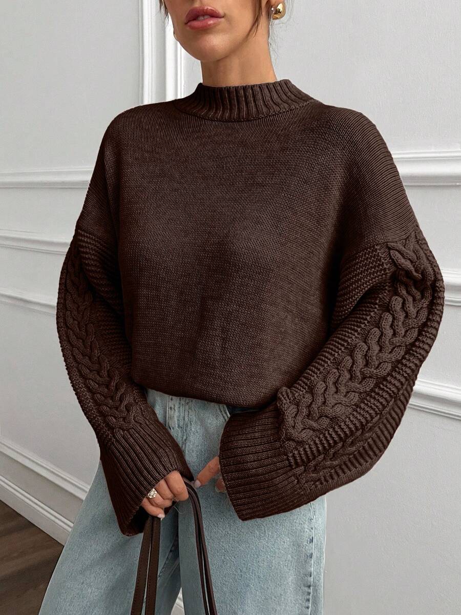 EURMUSE Women Solid Color Mock Neck Cable Knit Detailed Sleeve Drop Shoulder Pullover - Brown - View 1
