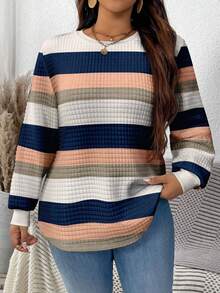 EMERY ROSE Plus Size Women Casual Colorful Striped Print Loose Fit Crew Neck Long Sleeve Sweatshirt, Waffle Texture, Suitable For Autumn/Winter Women Long Sleeve Tops Pullover For Women Stripe Long Sleeve Top - Multicolor - View 1